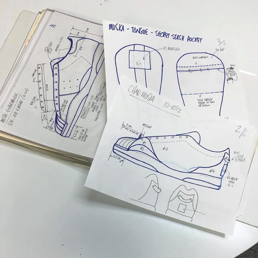 "In the 90's we'd sketch out the shoes and fax to Korea for samples. Here's my sketchy drawing of Chad Muska's first é protype that never made it to market... If you find this on eBay get it for me! The stash pocket luckily made it into the final @themuska pro shoe that was completed by the infamous @instafronck who took over the shoe design." - ?? & words by @don_brown ????